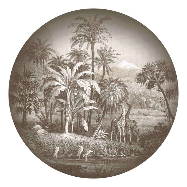 Tapeter vintage Tropical Copperplate Engraving With Giraffes In Brown
