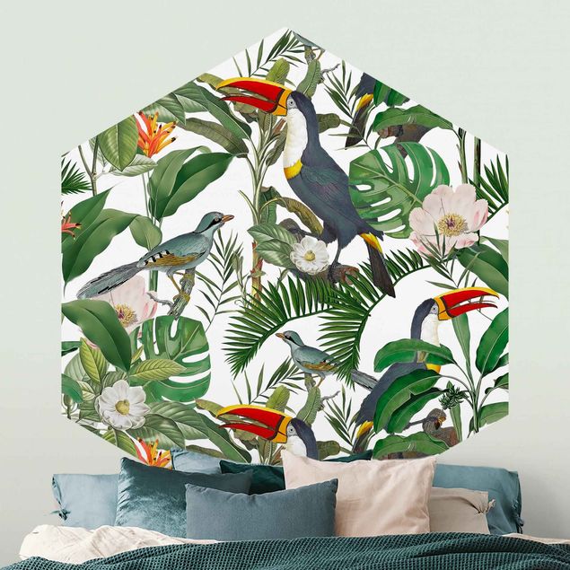 Fototapeter fåglar Tropical Toucan With Monstera And Palm Leaves