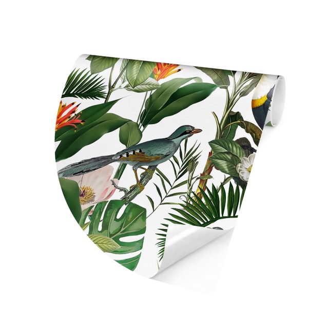Fototapeter blommor  Tropical Toucan With Monstera And Palm Leaves