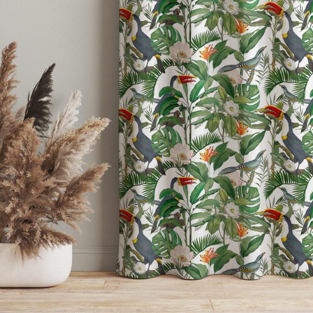 Moderna gardiner Tropical Toucan With Monstera And Palm Leaves