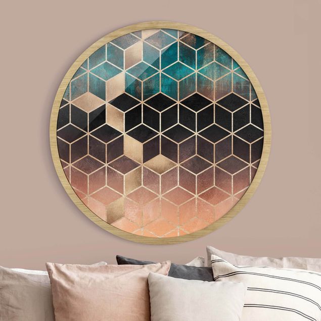 Tavlor med ram abstrakt Turquoise Rosé Golden Geometry