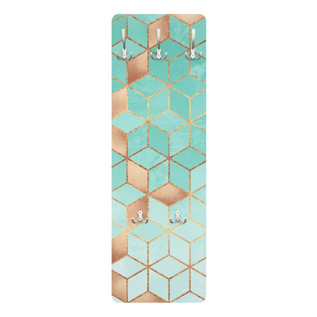 Klädhängare vägg träpanel - Turquoise White Golden Geometry