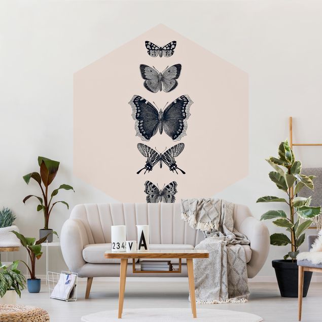 Tapeter modernt Ink Butterflies On Beige Backdrop