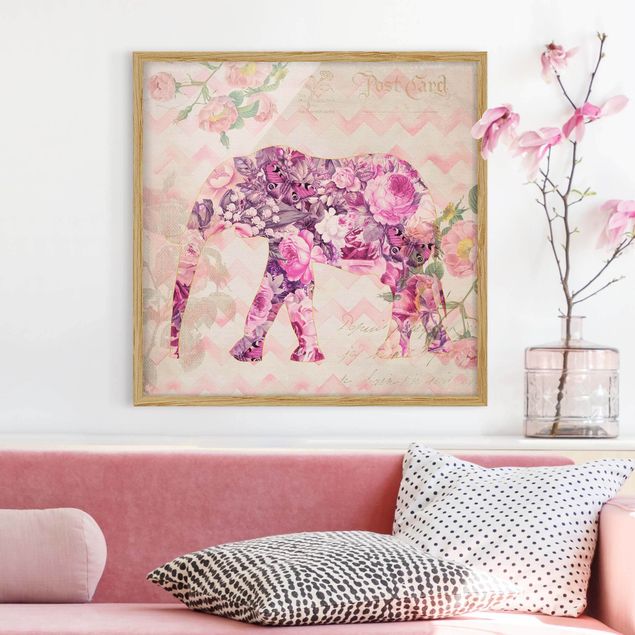 Tavlor elefanter Vintage Collage - Pink Flowers Elephant