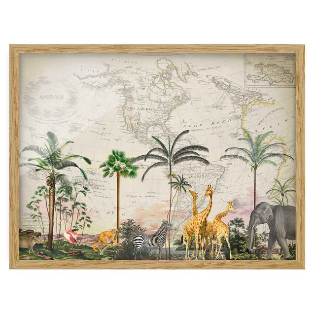 Tavlor färgglada Vintage Collage - World Of Animals On World Map