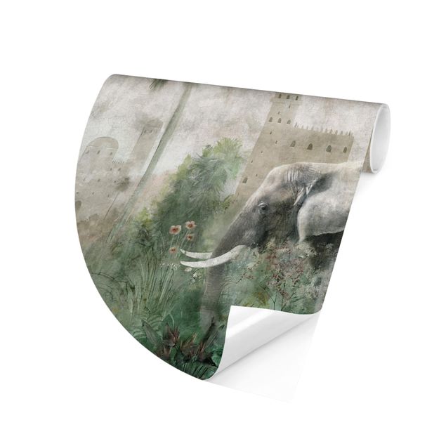 Fototapeter grön Vintage Jungle Scene with Elephant