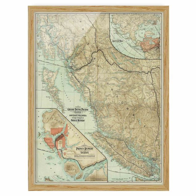 Tavlor med ram vintage Vintage Map British Columbia