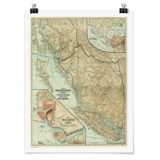 Posters ordspråk Vintage Map British Columbia
