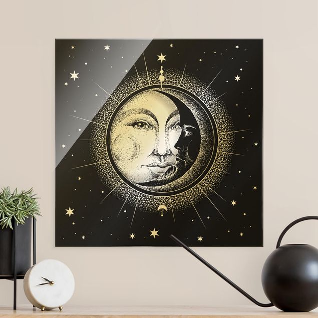Glastavlor svart och vitt Vintage Sun And Moon Illustration