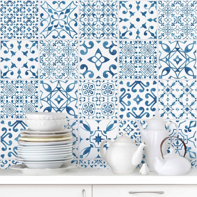 Tapeter geometrisk Tile Pattern Blue White