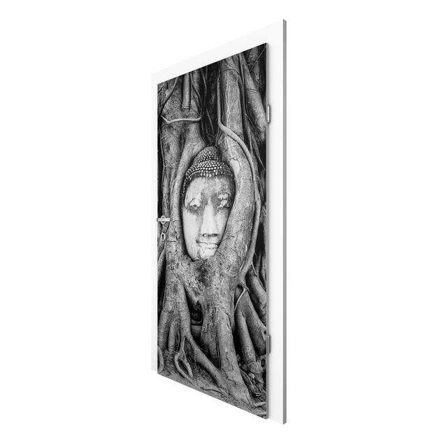 Dörrtapeter papper blommor  Buddha In Ayutthaya Lined From Tree Roots In Black And White