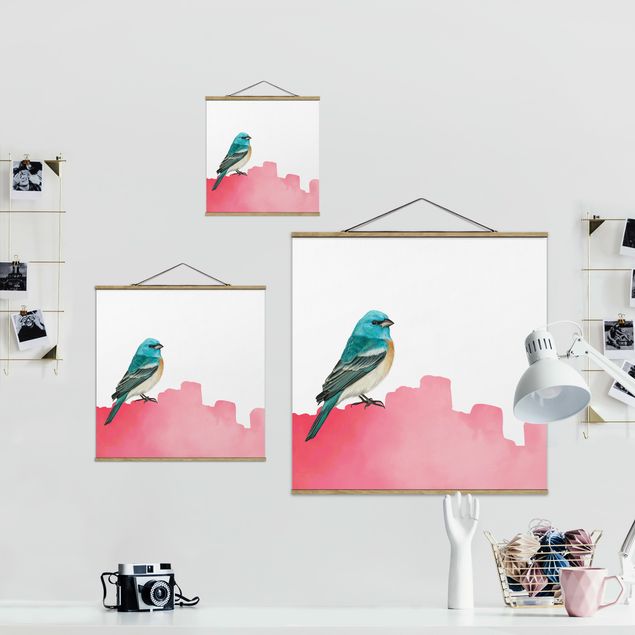 Stoffbild mit Posterleisten - Vogel auf Pink - Quadrat 1:1