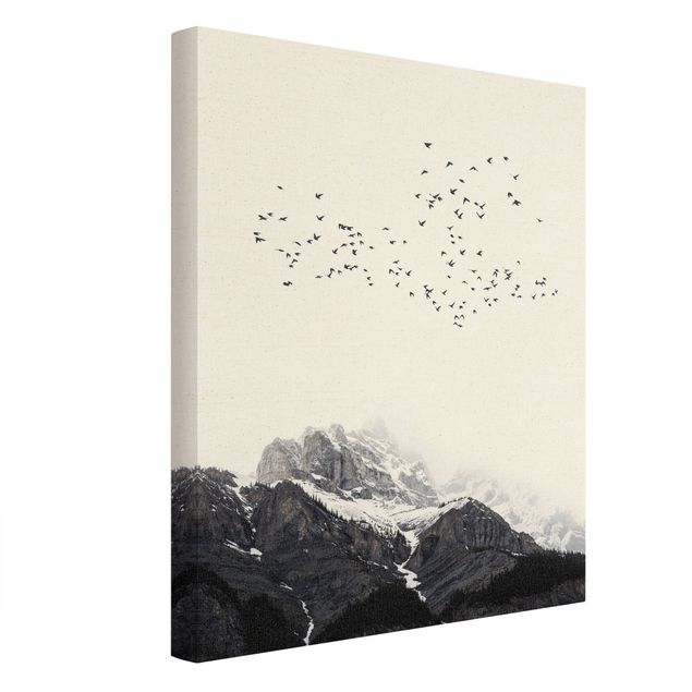 Canvastavlor svart och vitt Flock Of Birds In Front Of Mountains Black And White