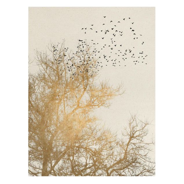 Canvastavlor konstutskrifter Flock Of Birds In Front Of Golden Tree