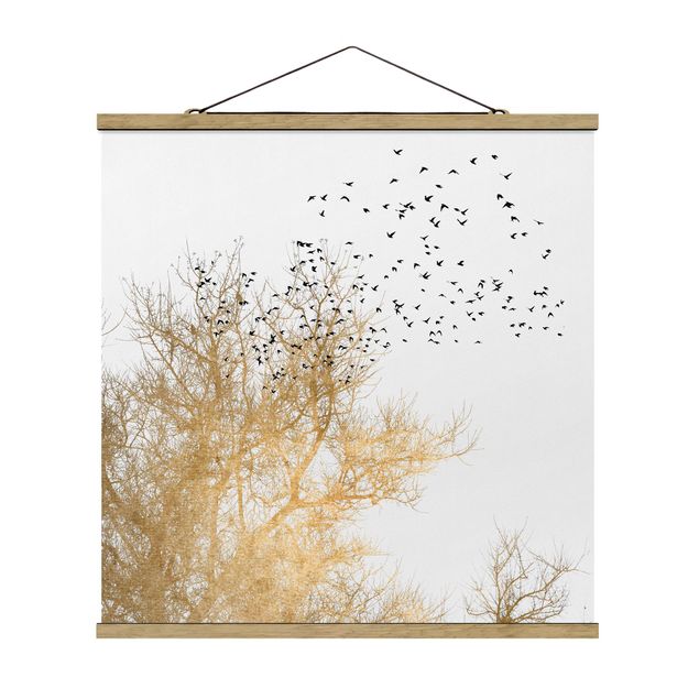 Tavlor konstutskrifter Flock Of Birds In Front Of Golden Tree