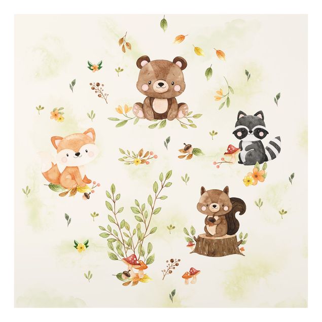 Glastavlor landskap Forest Animals Autumn Bear Squirrel Raccoon