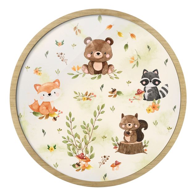 Tavlor med ram landskap Forest Animals Autumn Bear Squirrel Raccoon