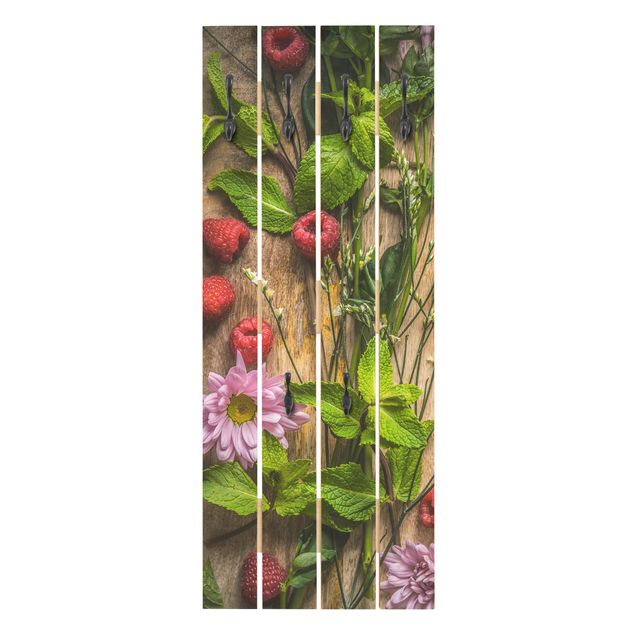 Klädhängare vägg trälook Flowers Raspberries Mint