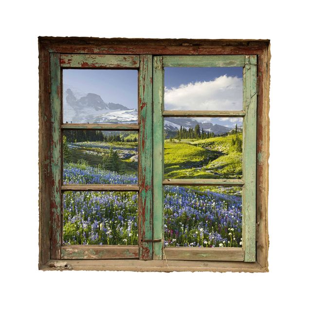 Wallstickers träd Window View of a Mountain Meadow With Flowers in Front of Mt. Rainier
