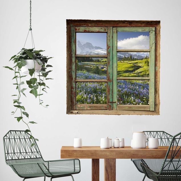 Wallstickers rymden Window View of a Mountain Meadow With Flowers in Front of Mt. Rainier