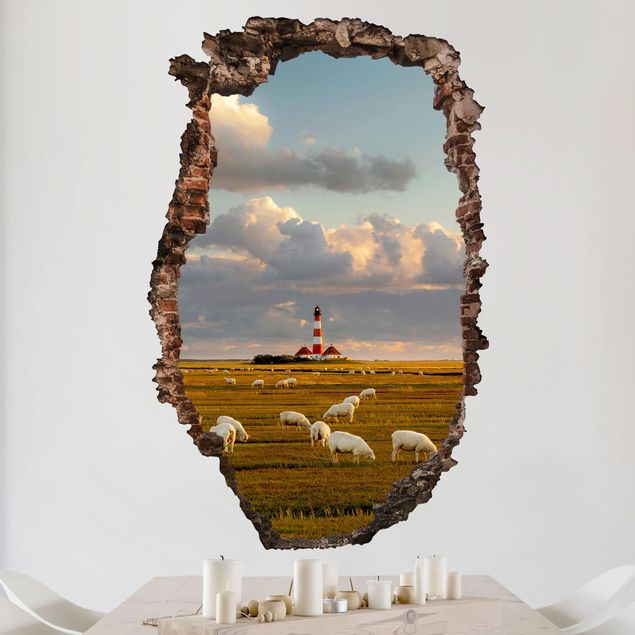 Autocolantes de parede Ilhas North Sea Lighthouse With Flock Of Sheep