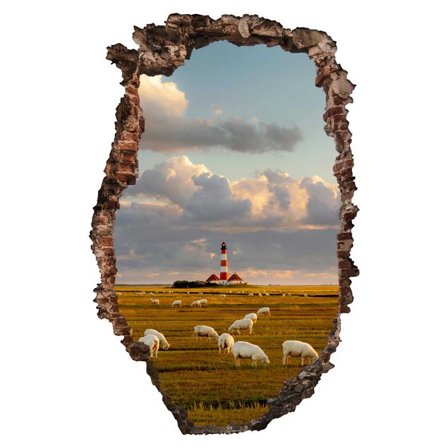 Autocolantes de parede 3D North Sea Lighthouse With Flock Of Sheep