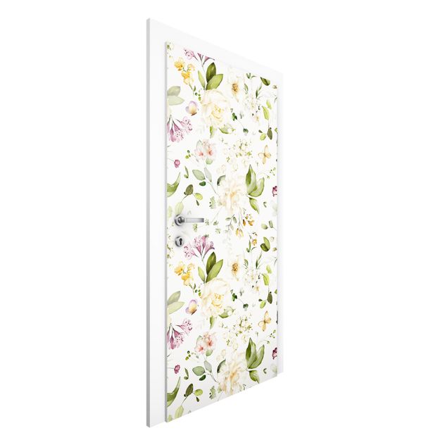 Fototapeter fjärilar Wildflowers and White Roses Watercolour Pattern