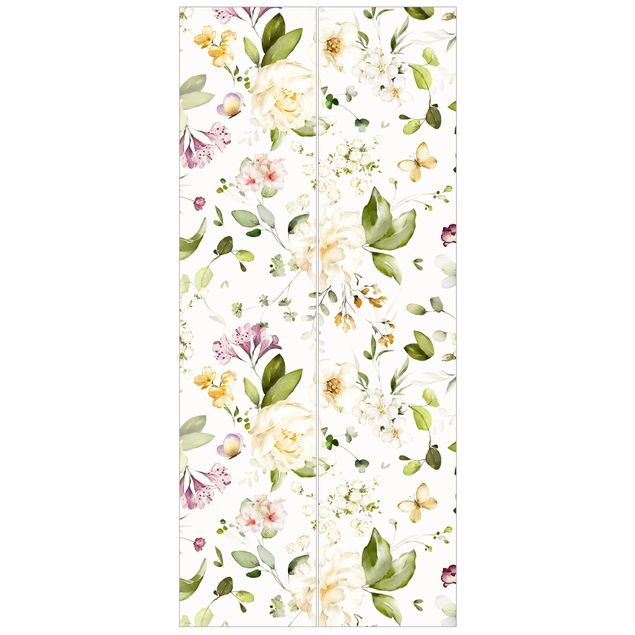 Fototapeter blommor  Wildflowers and White Roses Watercolour Pattern
