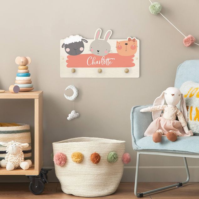 Klädhängare vägg ordspråk Customised Name Cute Zoo - Sheep Rabbit And Cat
