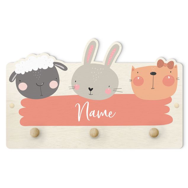 Klädhängare vägg rosa Customised Name Cute Zoo - Sheep Rabbit And Cat