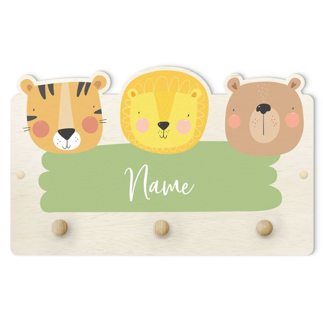 Klädhängare vägg grön Customised Name Cute Zoo - Tiger Lion And Bear
