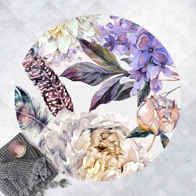 utomhusmatta Delicate Watercolour Boho Flowers And Feathers Pattern