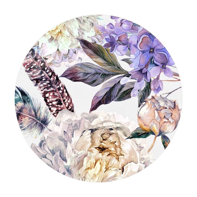 runda mattor Delicate Watercolour Boho Flowers And Feathers Pattern