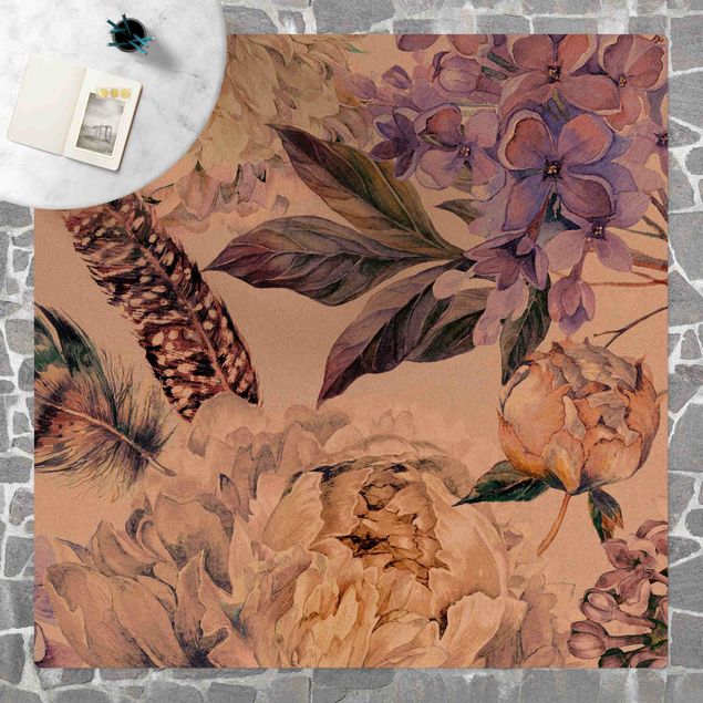 matta blommor Delicate Watercolour Boho Flowers And Feathers Pattern