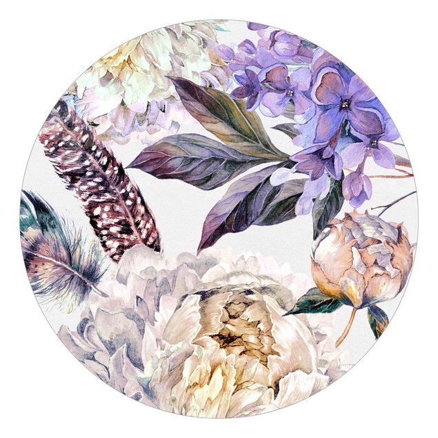 Mönstertapet Delicate Watercolour Boho Flowers And Feathers Pattern